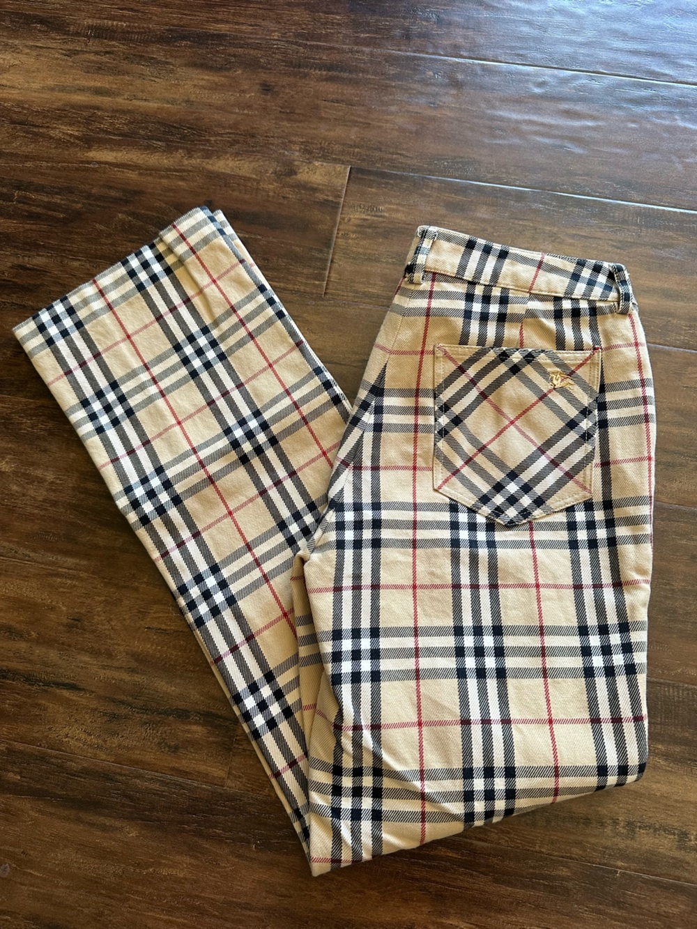 Burberry Plaid Straight-Leg Pants in Beige, Black & Red
